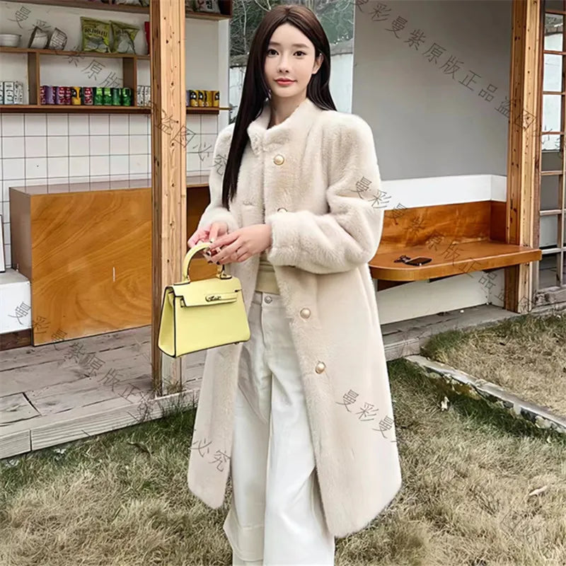 Long Faux Fur Coat for Women, Turn-down Collar, Loose Thicken Warm Teddy Jacket, High Quality Female Clothes, Winter, New, 2024 WHITE