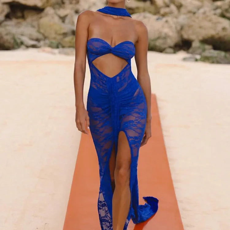 Lace See Through Strapless Sexy Maxi Dress For Women Gown Halter Hollow Out Sleeveless Backless High Split Long Dress