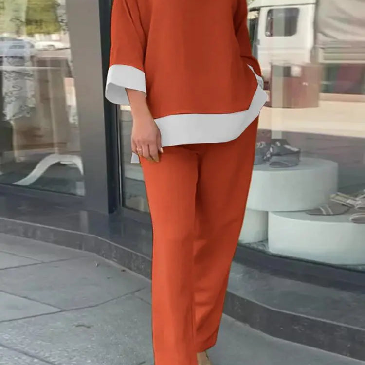 Fashion Women Casual Elegant Pants Sets Spring Summer Loose Outfits Oversized Lady Holiday Solid Patchwork Tracksuit Orange