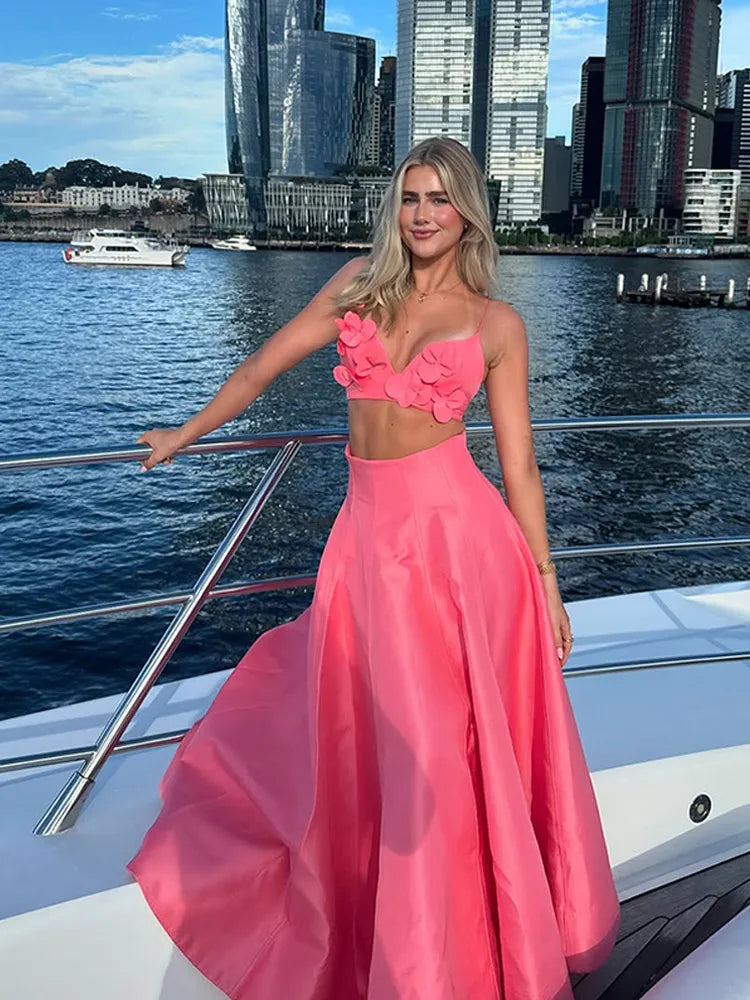 Ensemble 2 pièces chic pour femme, haut court avec appliques de fleurs roses 3D, jupe longue taille haute, tenue de plage sexy, 2025