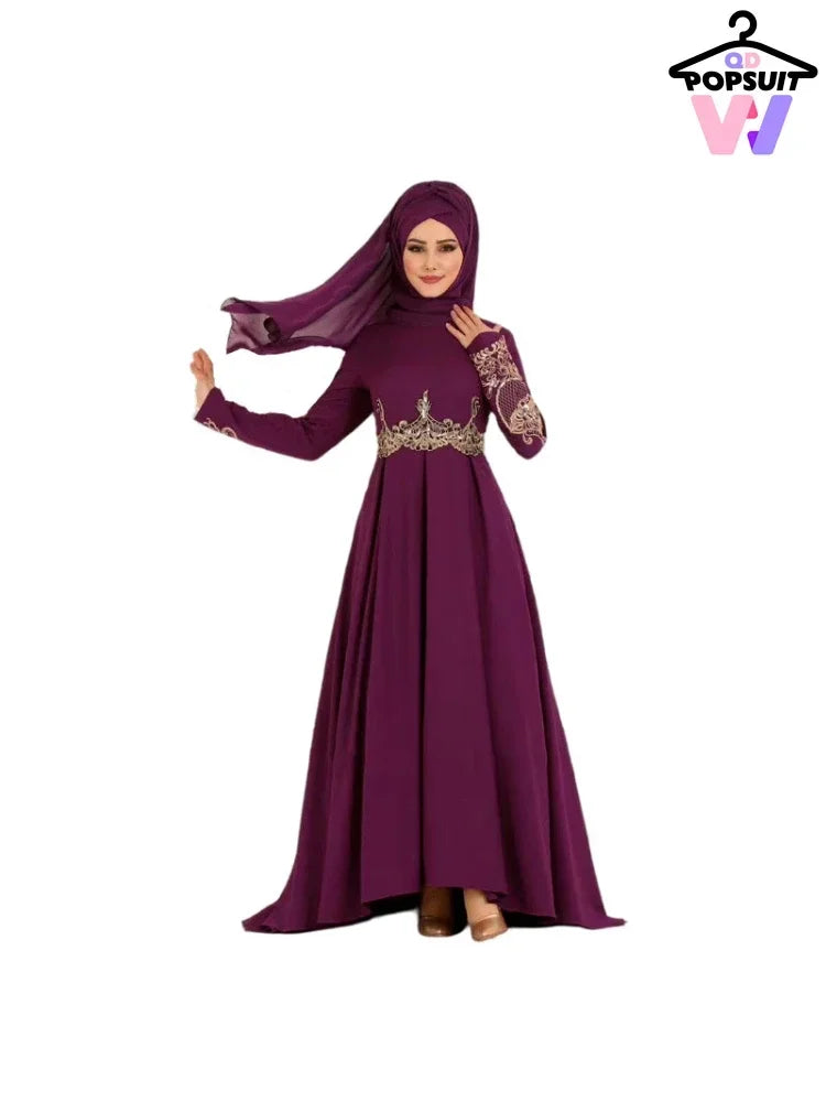 New In Women Dress NO Scarf Elegant Muslim Islam Abaya Embroidered Elastic Falbala High Waist Slim Party Robe Swing Robe Dresses