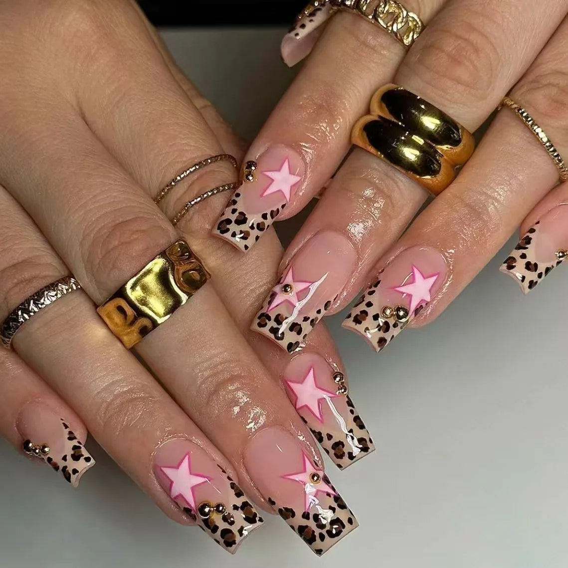 24Pcs Mid-length French Press on Fake Nails with Flame and Cherry Heart Square Head False Nails Wearable Manicure Tips Nails Art