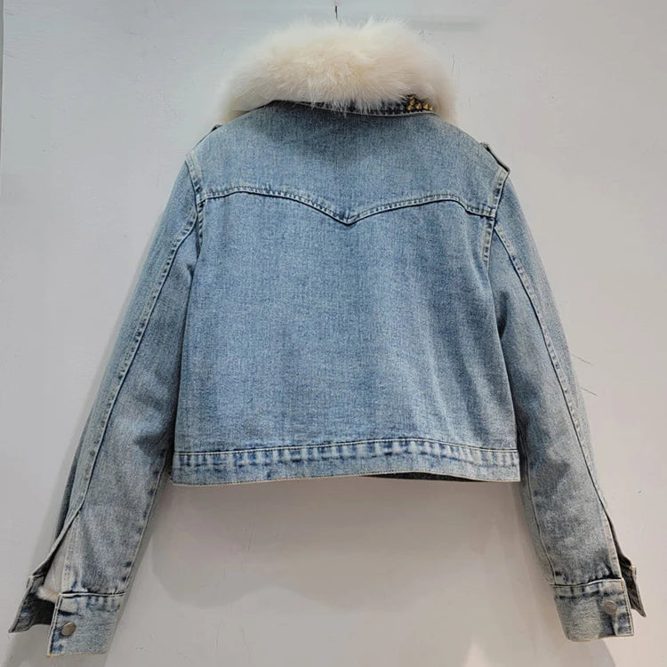 Women's Denim Coat Fox Collar Heart Beading Embroidered Flares Rivet Plush Thick Jackets Winter New Fashion