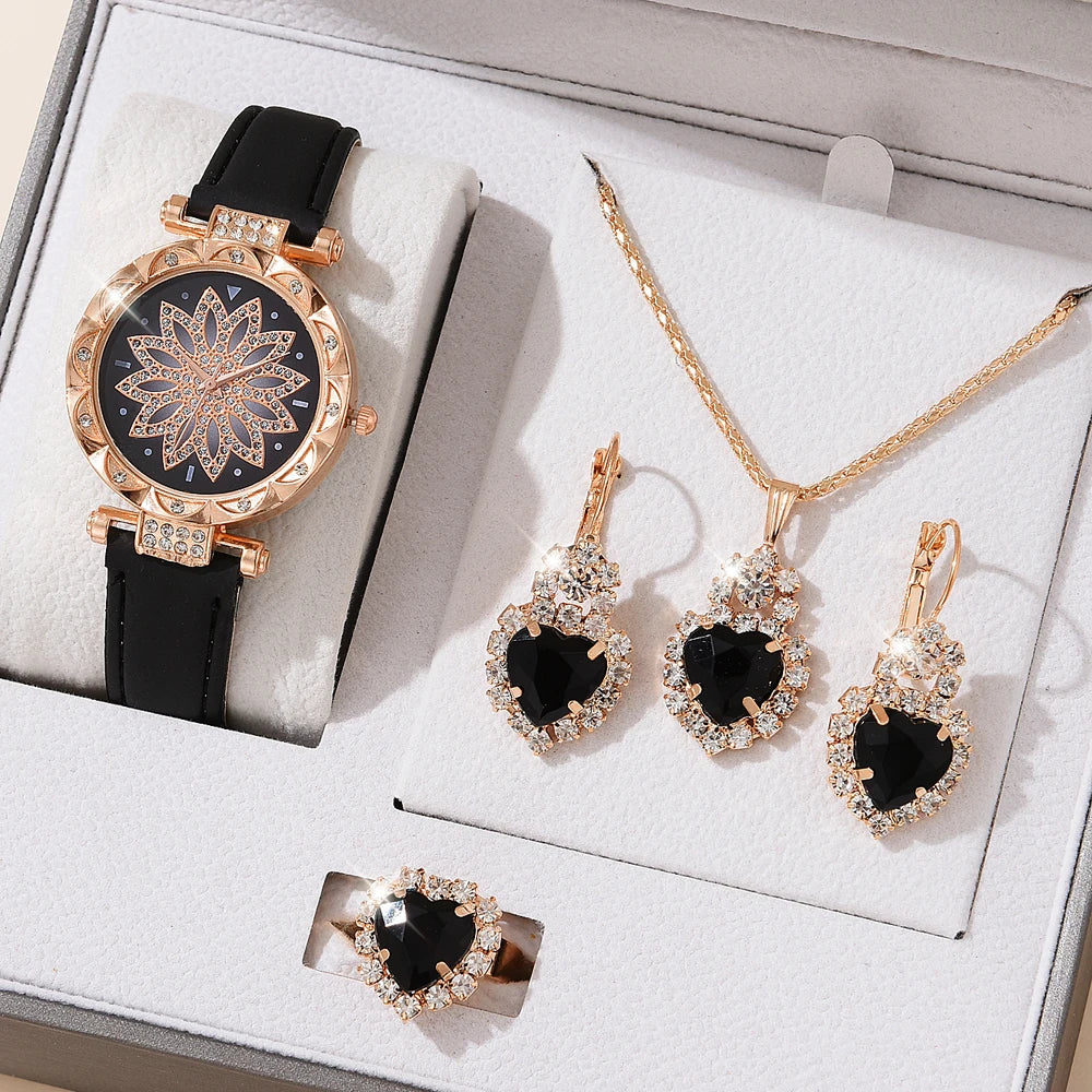 5pcs Set Watches Women Leather Band Ladies Watch Simple Casual Women's Analog WristWatch Bracelet Gift Montre Femme 5pcs set black A