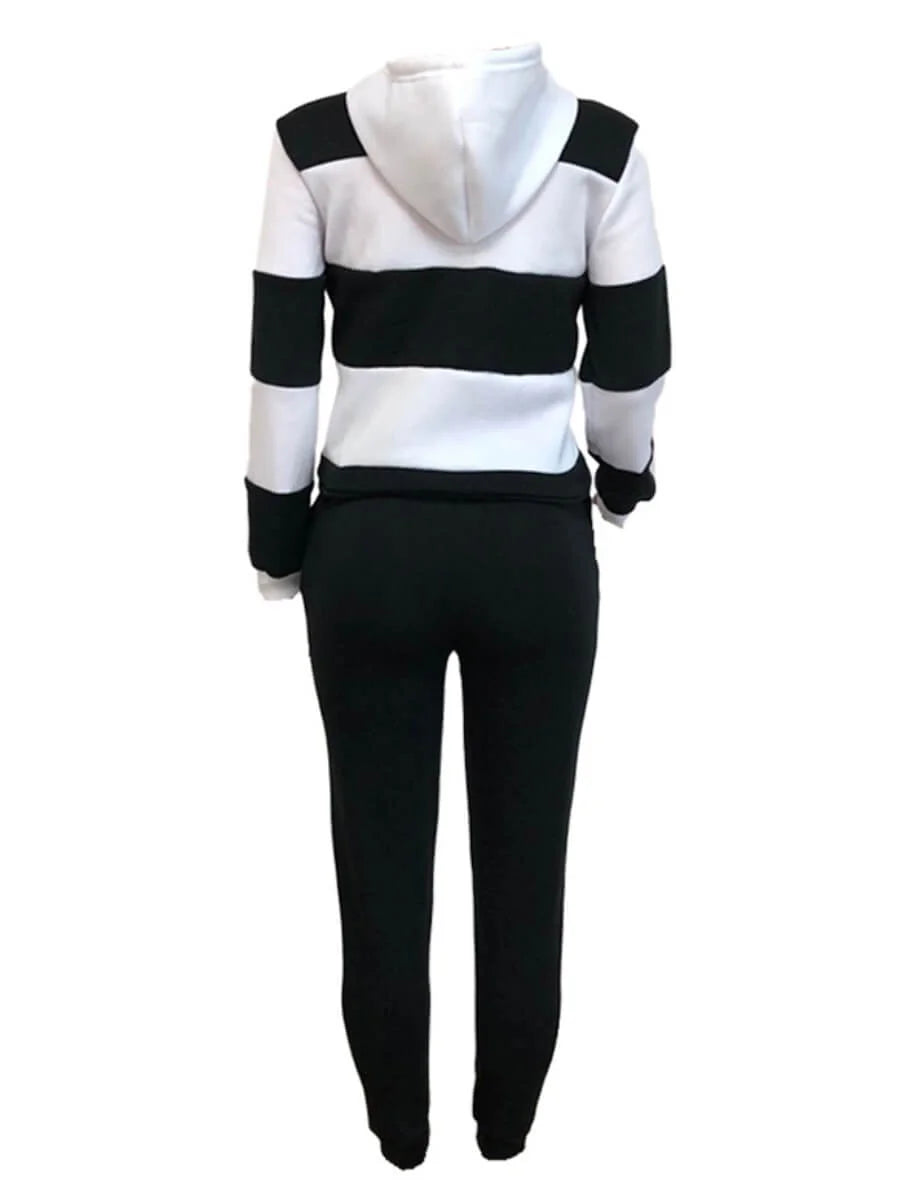 LW Plus Size Sporty Hooded Collar Striped Tracksuit Set Black White Patchwork Kangaroo Pocket Design Tracksuit Sportswear Set