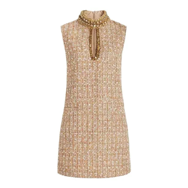 Spring Summer Tweed Mini Dress Women Heavy Industry Beading Luxury Stand Collar Diamonds Hollow Out Short Vestidos F286 MULTI