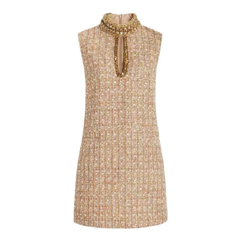 Spring Summer Tweed Mini Dress Women Heavy Industry Beading Luxury Stand Collar Diamonds Hollow Out Short Vestidos F286 MULTI