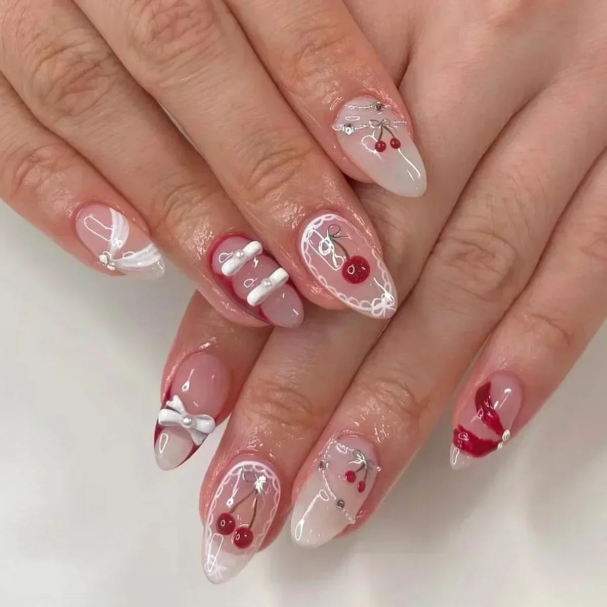 24pcs Short Almond Press on Nails 3D Flower Butterfly Fake Nails with Glue Colorful Natural Acrylic False Nails Full Cover Nails