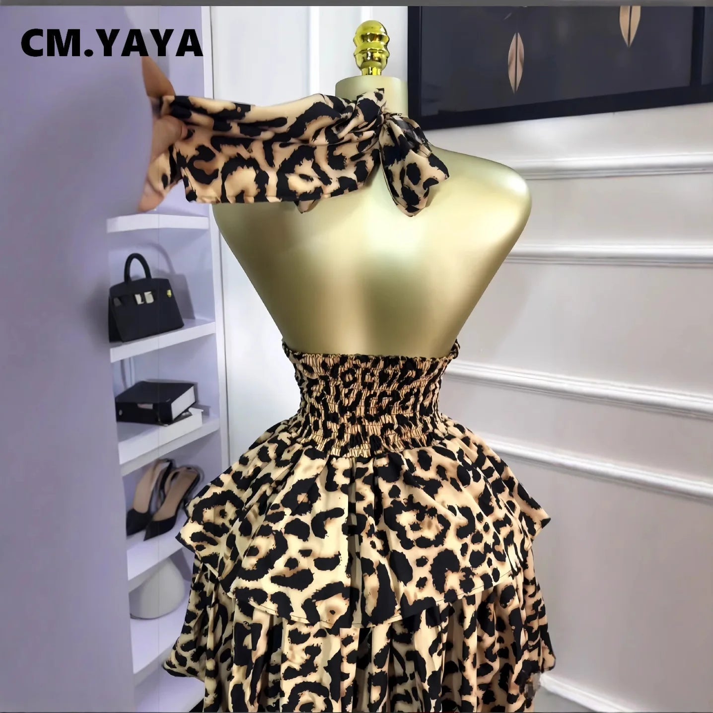 CM.YAYA Women Leopard Print Halter Neck Backless Cascading Ruffles Big Swing Ball Gown Mini Dress 2025 Sexy Club Party Dresses