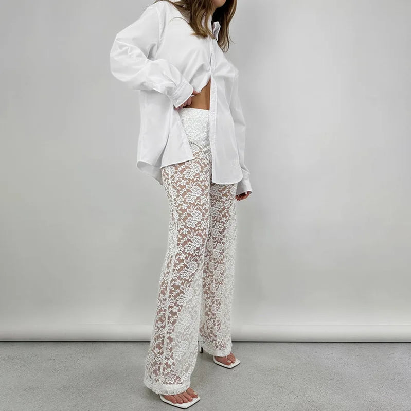 Women Clothing Lace Pant Summer New Female Sexy Club Hollow Out White Black High Waist Long Trousers Fashion Streetwear