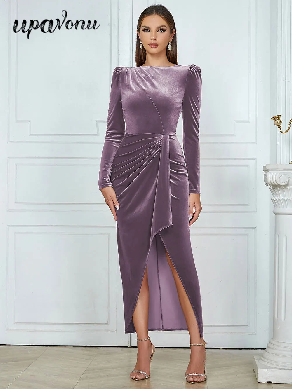 2025 Spring Elegant Women's Velvet Dress O-neck Long Sleeve Bodycon Draped Split Body Long Dress Celebrity Evening Party Vestido