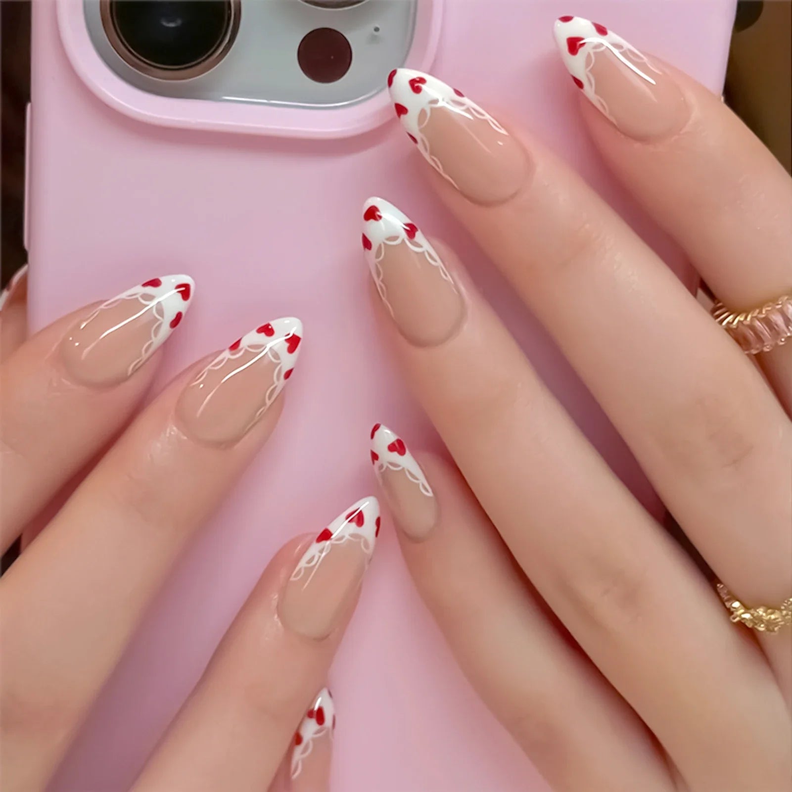 Gentle Women Almond Fake Nails 24Pcs White French Press on Nails Red Love Heart Printed Valentine's Day Charm Manicure Nails Art