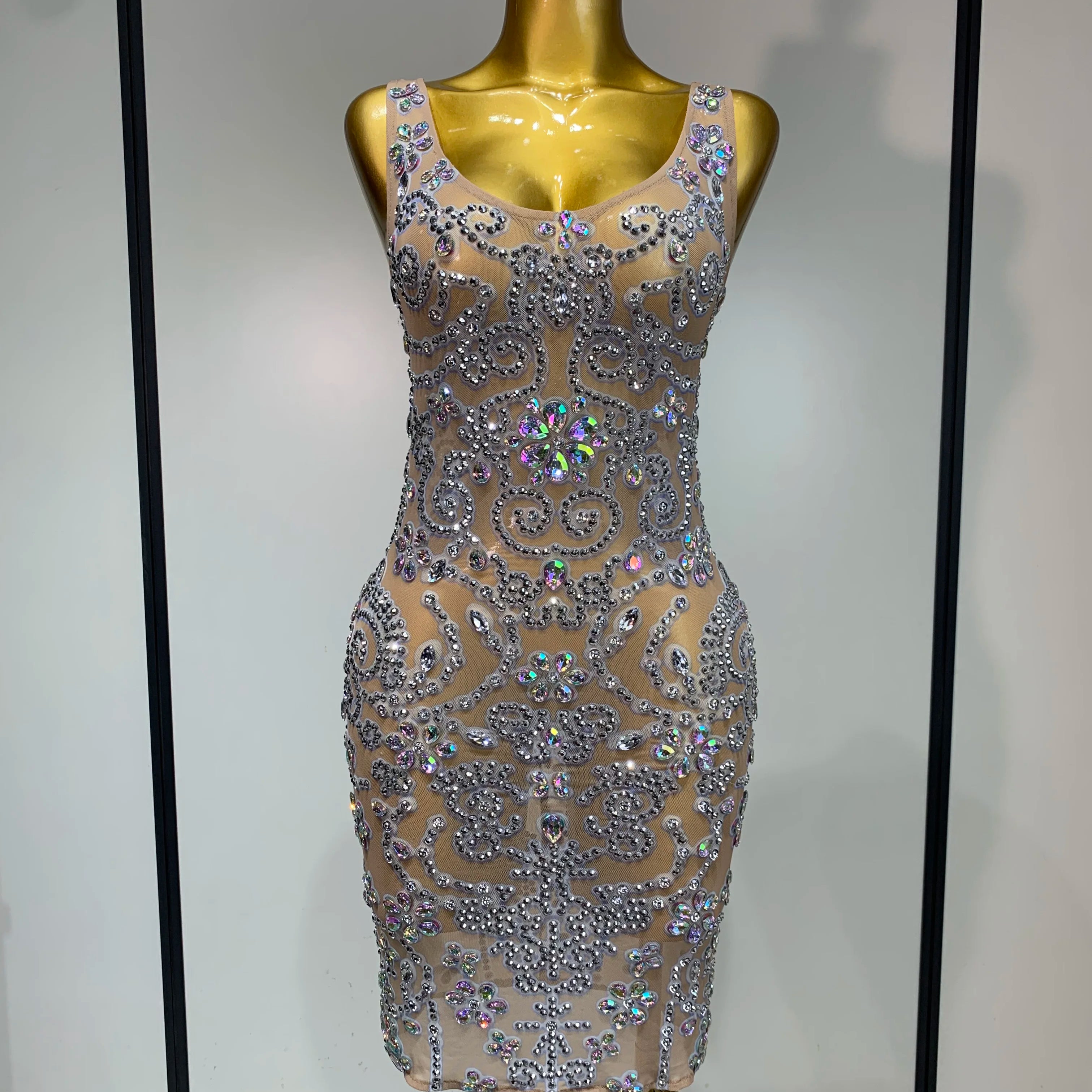 Celebrity Elegant Party Sparkly Rhinestones Transparent Mesh Short Dress Luxury Birthday Nightclub Outfit Perform Stage Costume