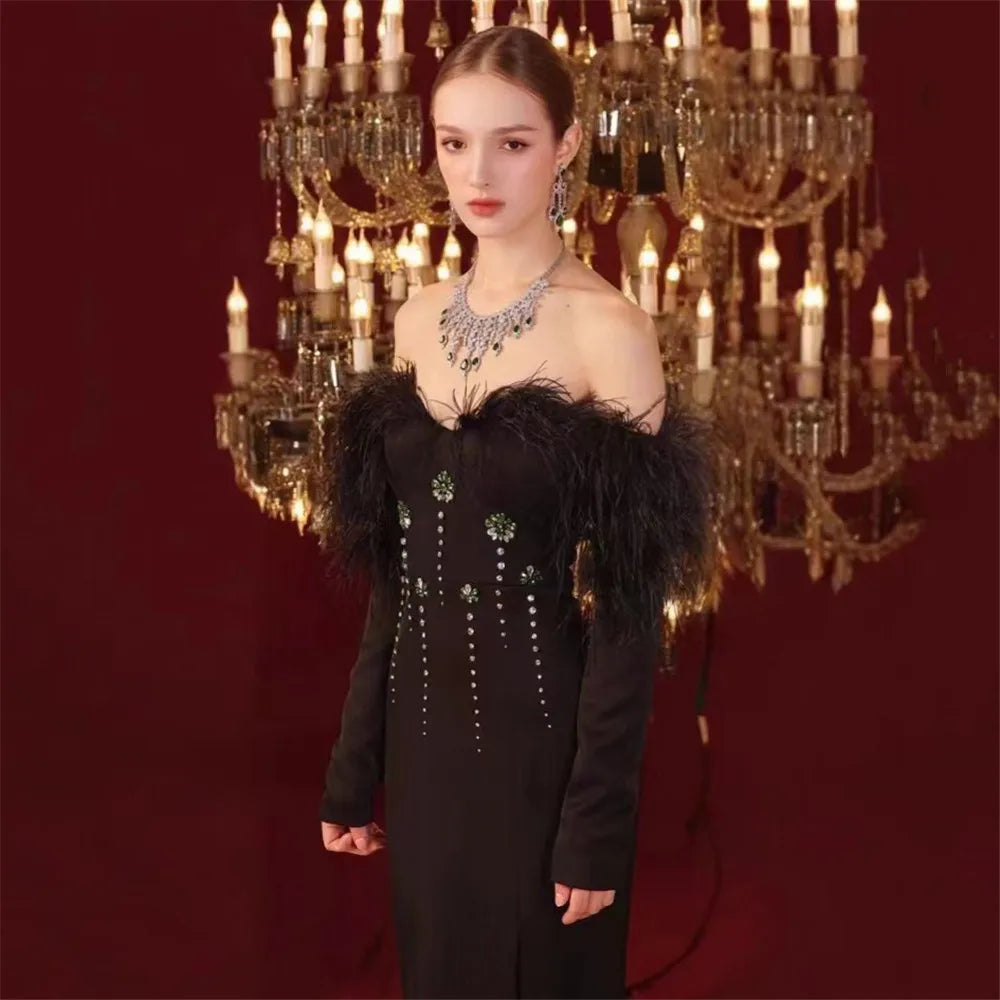 Women Long Sleeve Sexy Off the Shoulder Feathers Shinning Crystal Bodycon Long Bandage Dress Evening Party Cocktail Outfit