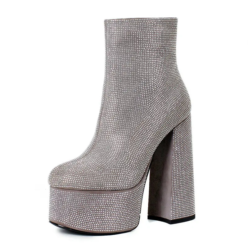 Fashion Crystal Women Ankle Boots Platform Suqare High Heel Punk Boots Full Suede Autumn Winter Woman Motorcycle Boots