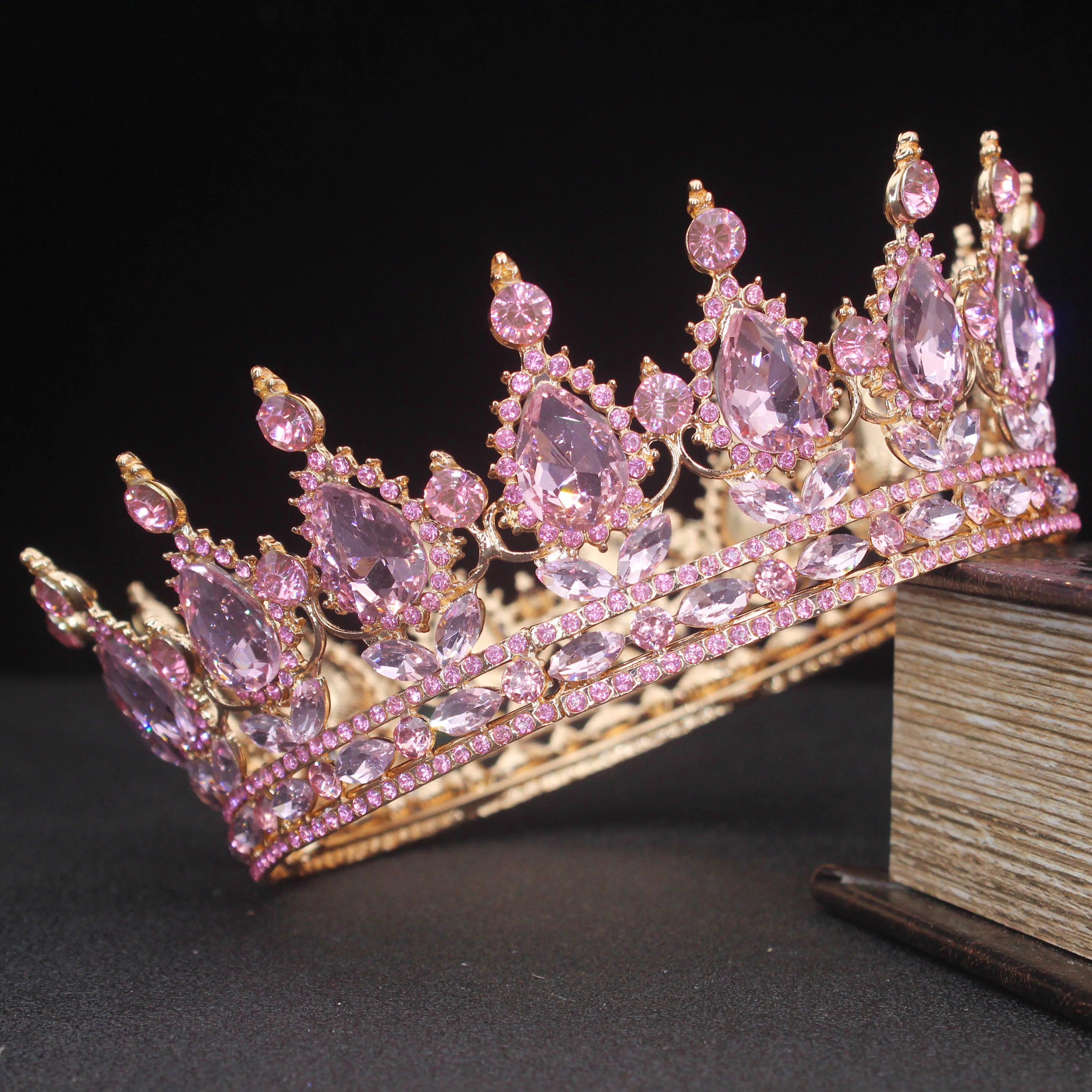 Crystal Queen King Tiaras and Crowns Bridal Diadem For Bride Women Headpiece Hair Ornaments Wedding Head Jewelry Accessories Gold All Pink