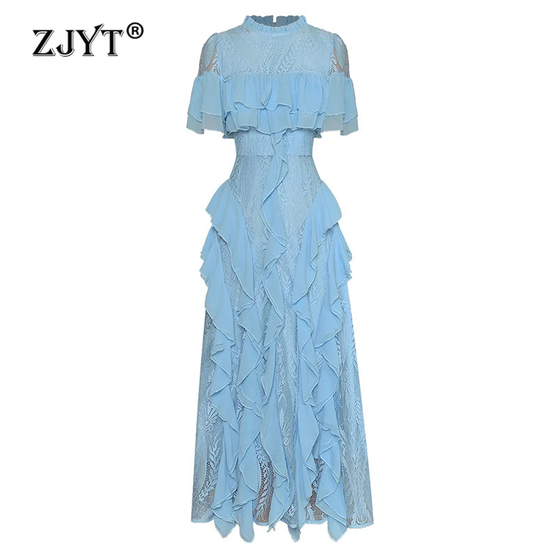 Summer Runway Ruffles Patchwork Lace Dresses for Women Blue Elegant Short Sleeve Party Dress Fashion Holiday Vestidos blue L