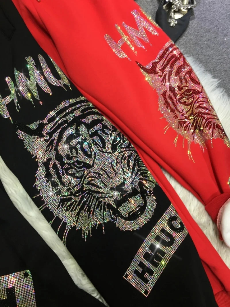 4XL Plus Size Luxury Brand Thick Rhinestone Tiger Pant Women Autumn 150 KG Casual Large Size Trousers Ladies Streetwear Winter