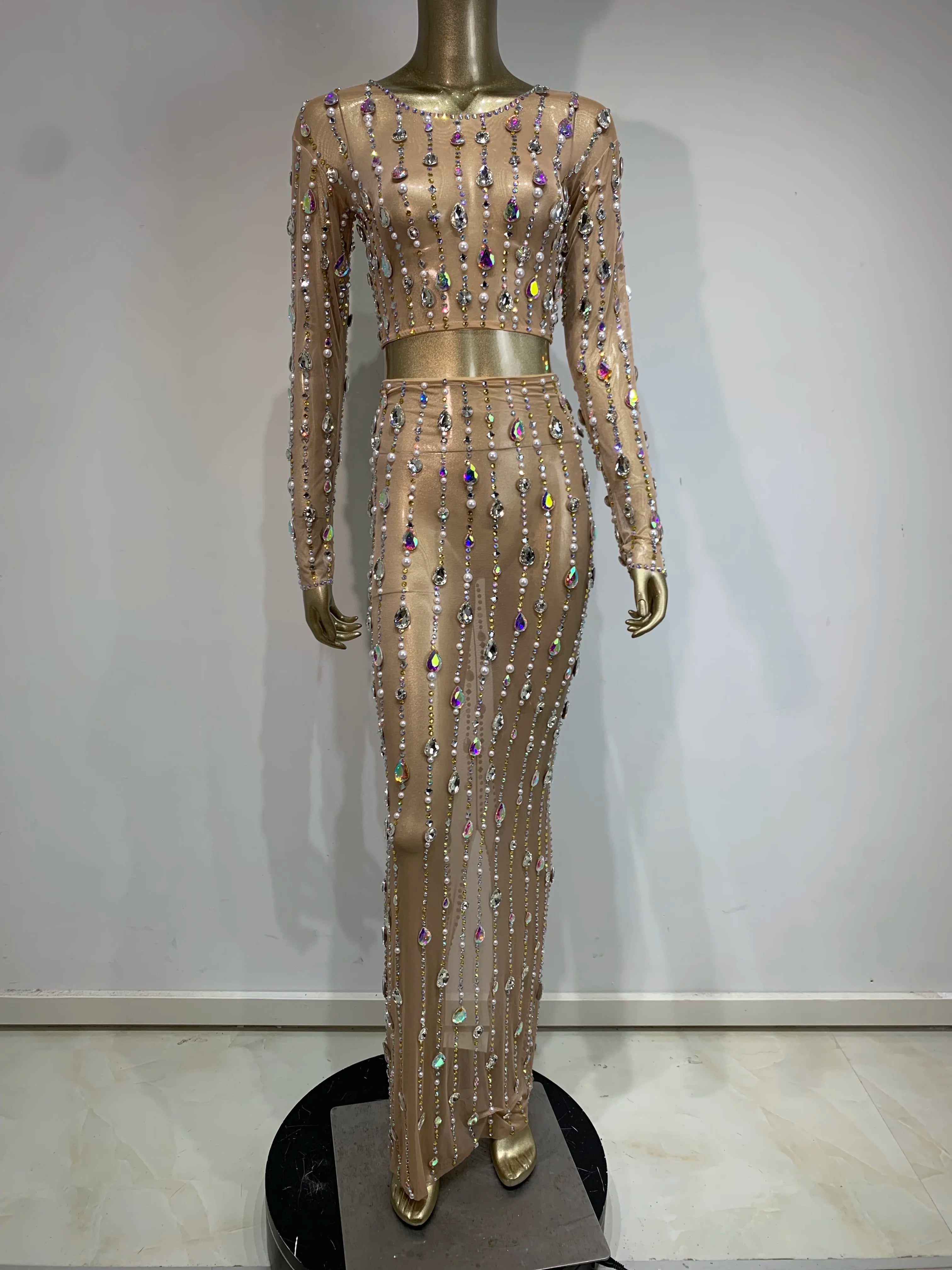 Stock Women Long Sleeve Rhinestone Sparkly Maxi Long Skirt Set Birthday Party Costume Bar Nightclub Stage Performance Clothing