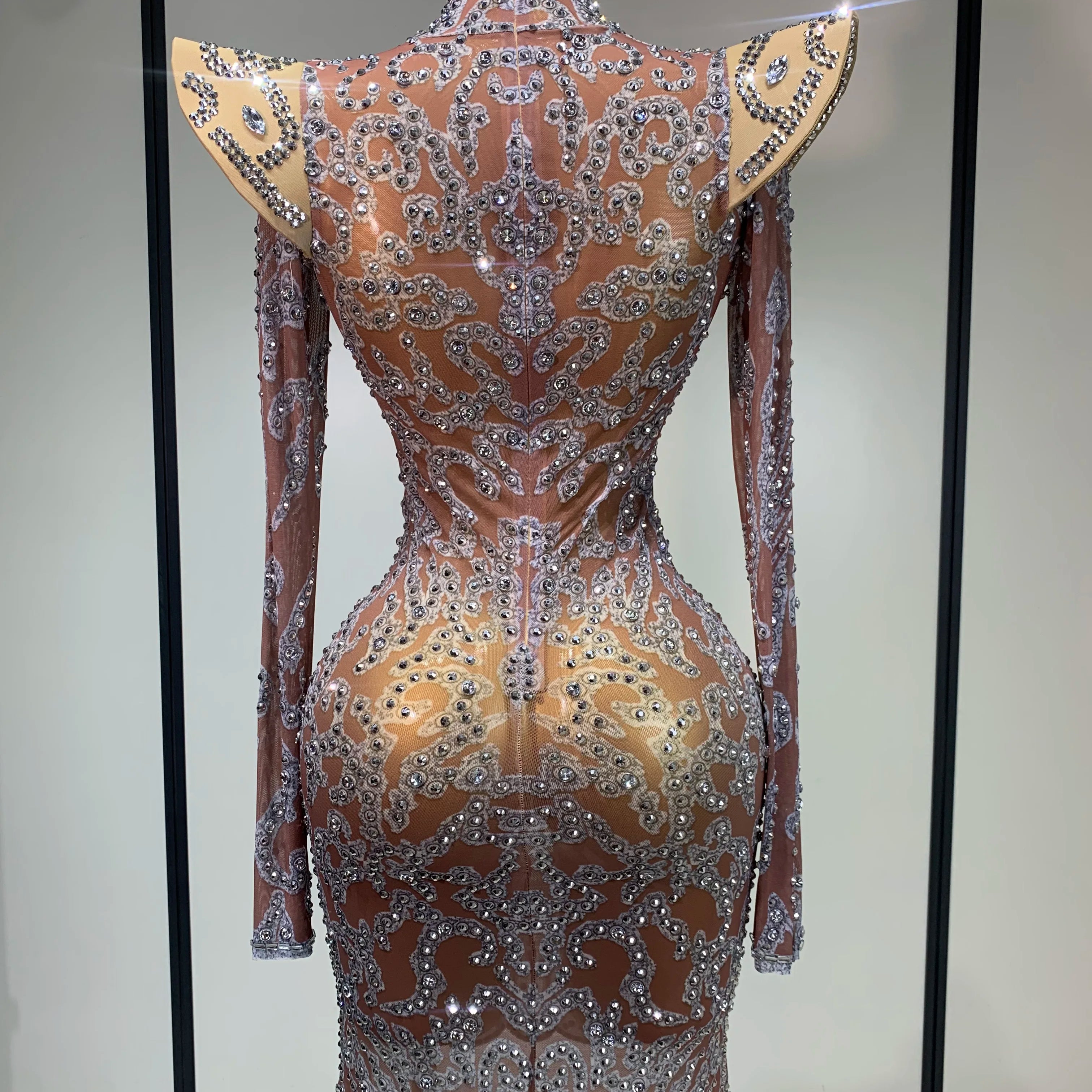 Women Shiny Rhinestones Mesh Transparent Mini Dress Luxury Birthday Celebrate Photoshoot Dress Singer Stage Drag Queen Costume