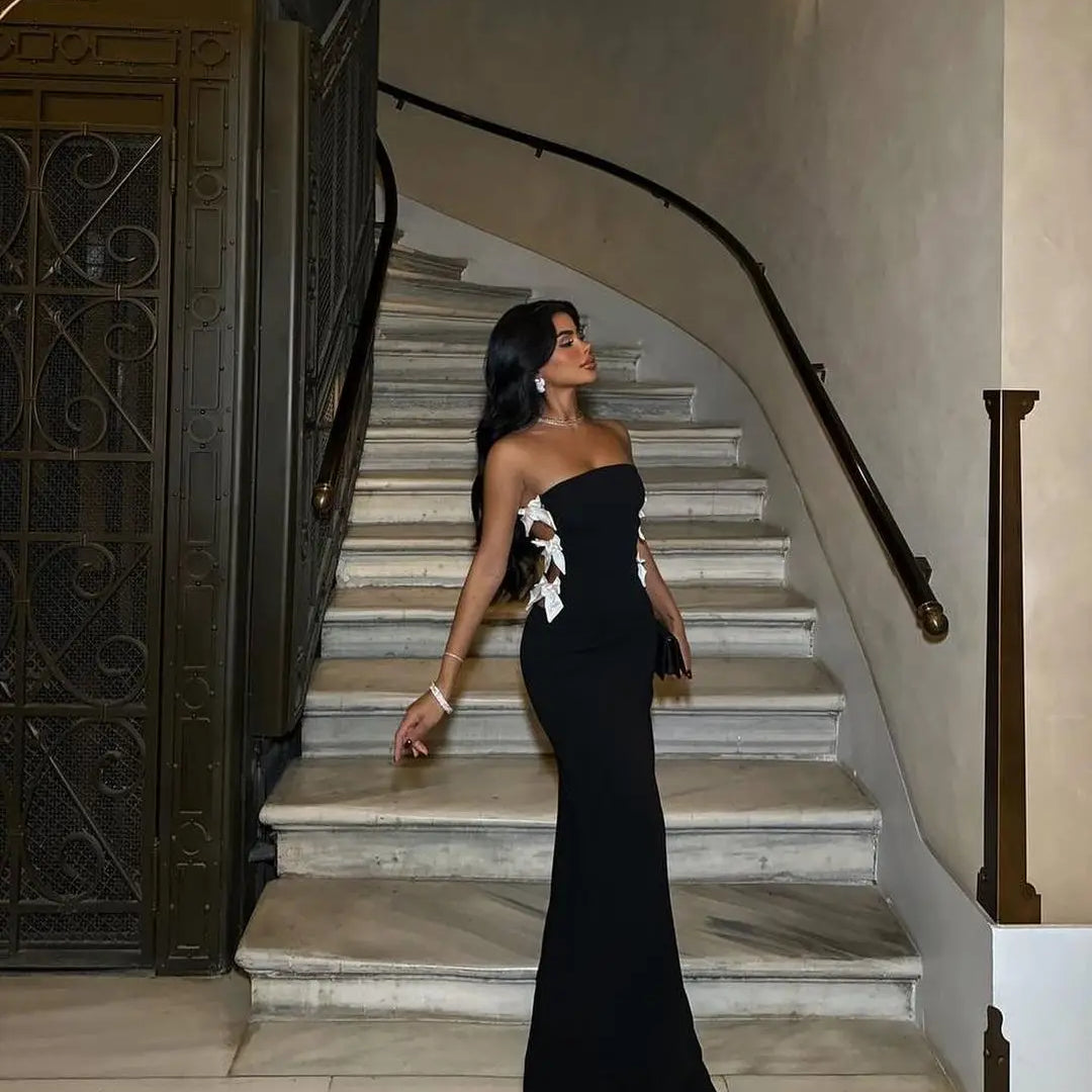 High Quality Women Sexy Strapless Side Bow Bodycon Long Bandage Dress Celebrate Birthday Party Evening Dress Outfit