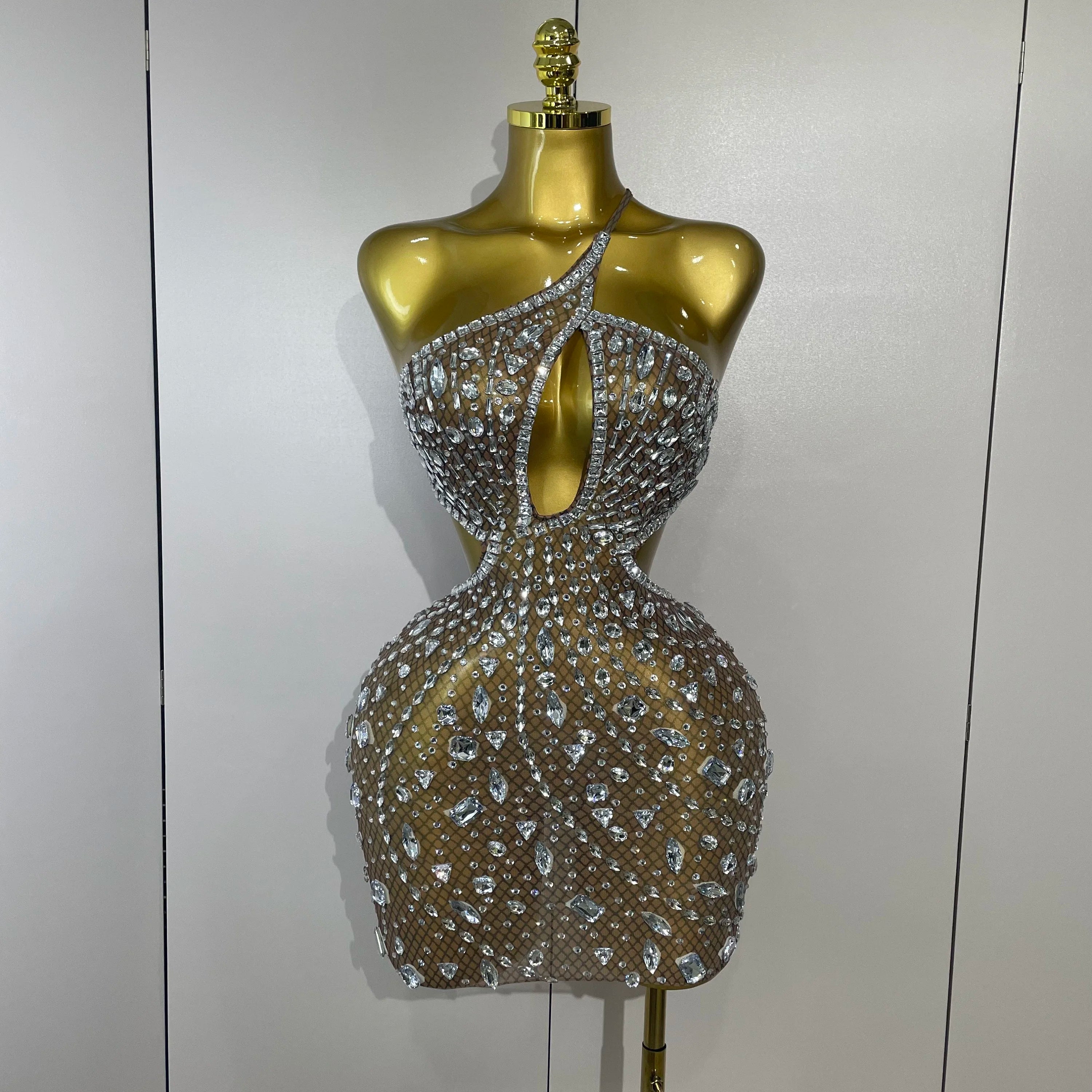 2025 New Arrival Luxury Sexy Backless Hollow Out Sparkle Diamond Evening Prom Women Birthday Celebrate Stage Nightclub Outfit