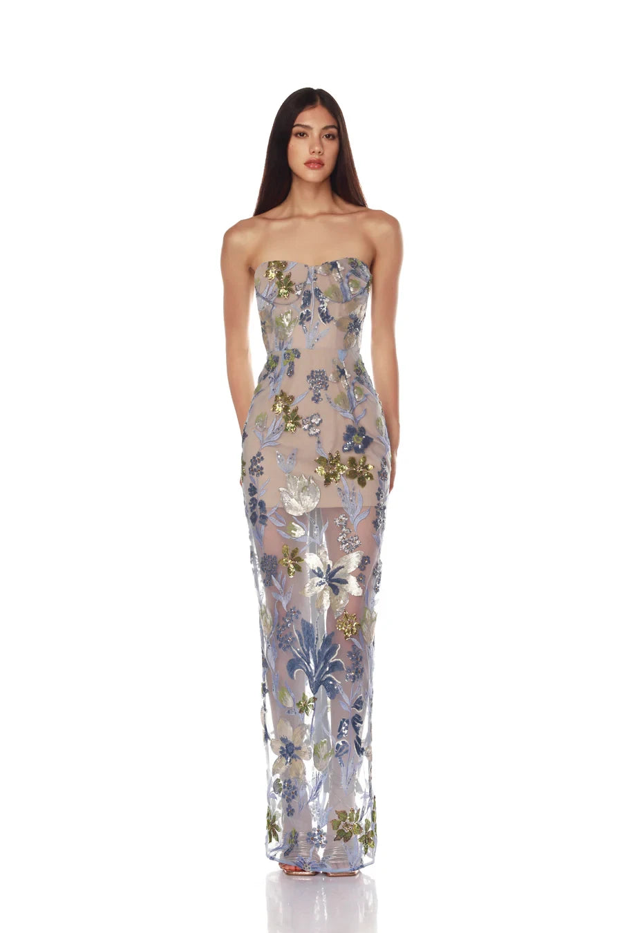 Sequin Flower Embroidery Sexy Mesh See Through Strapless Ankle Length Dress Woman Evening Party Dress Celebrity Cocktail Vestido
