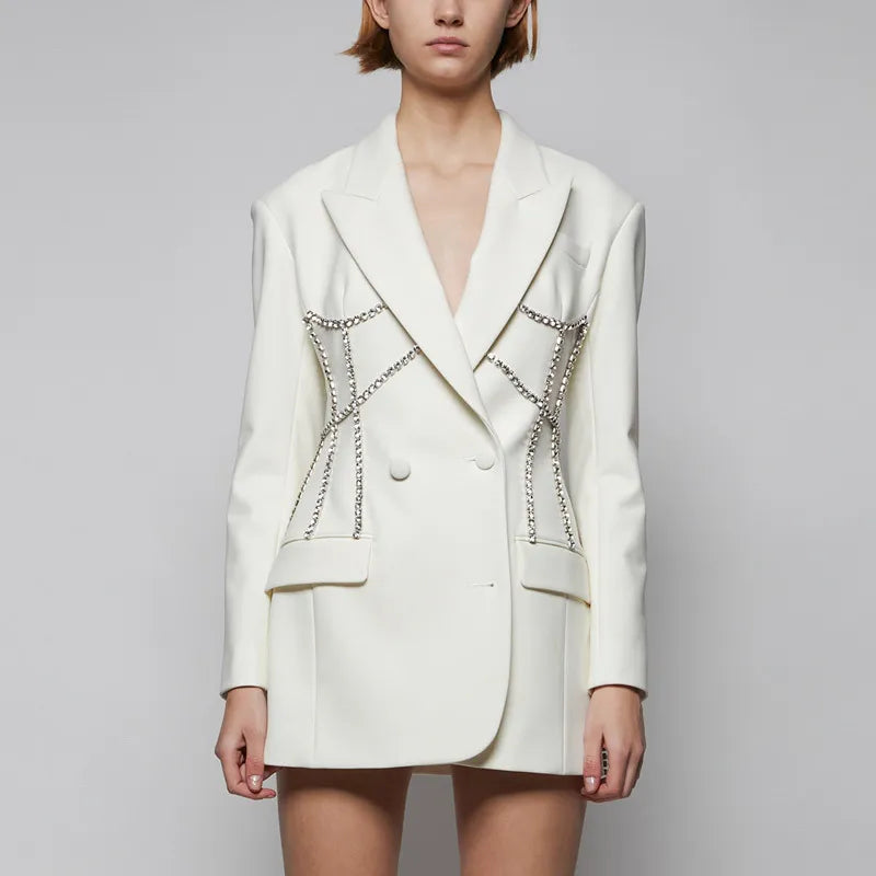 Spring Luxury diamond Suit Blazers Women medium long fashion suit skirt bow long sleeve suit Blazers Cool silver suit 20 colors 9819 White