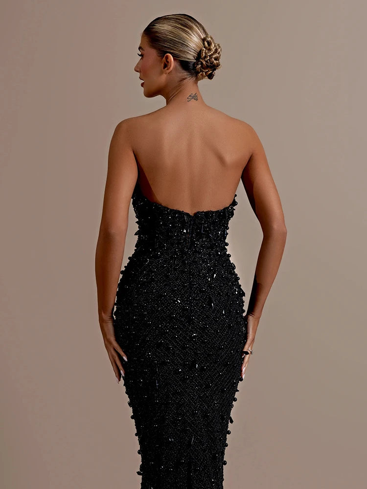 VC Stunning Strapless Sleeveless Black Crystal Sequin Dress Luxury Party Evening Gown
