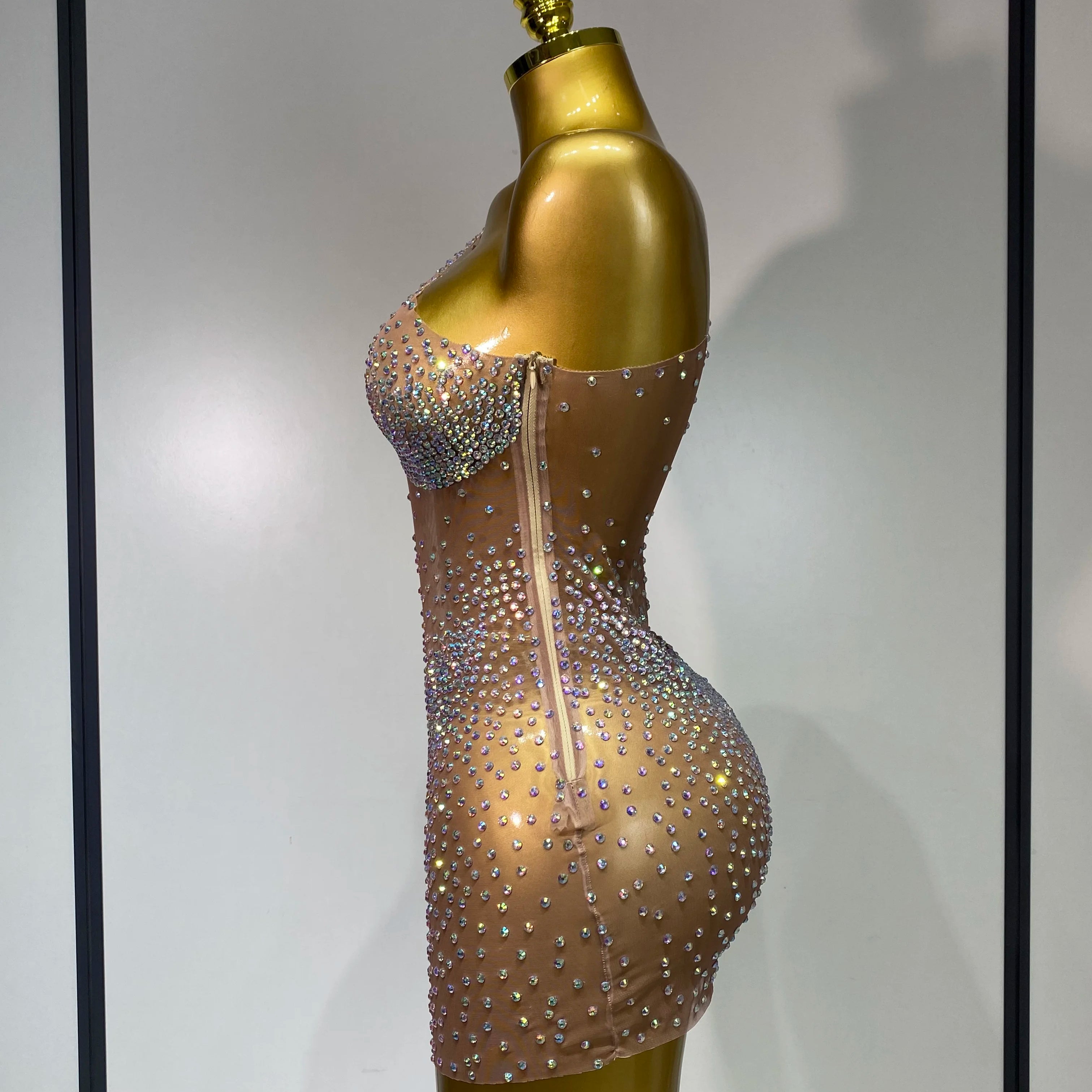 Sparkly Rhinestones Women Sexy One Shoulder Bodycon Mini Dress Mesh See Through Celebrate Nightclub Party Birthday Stage Outfit