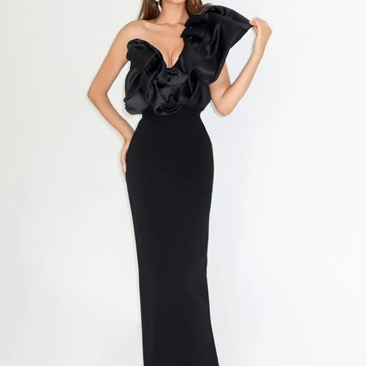 Women Sexy One Shoulder Ruffles Black Maxi Long Bodycon Bandage Dress 2024 Elegant Evening Club Party Dress