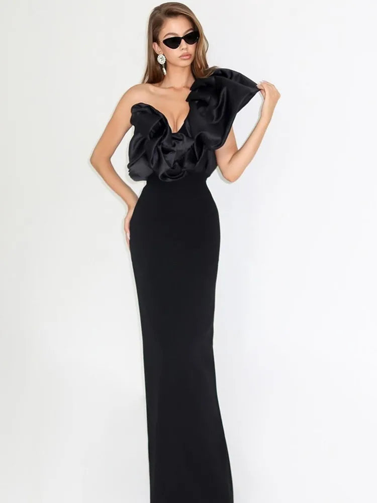 Women Sexy One Shoulder Ruffles Black Maxi Long Bodycon Bandage Dress 2024 Elegant Evening Club Party Dress