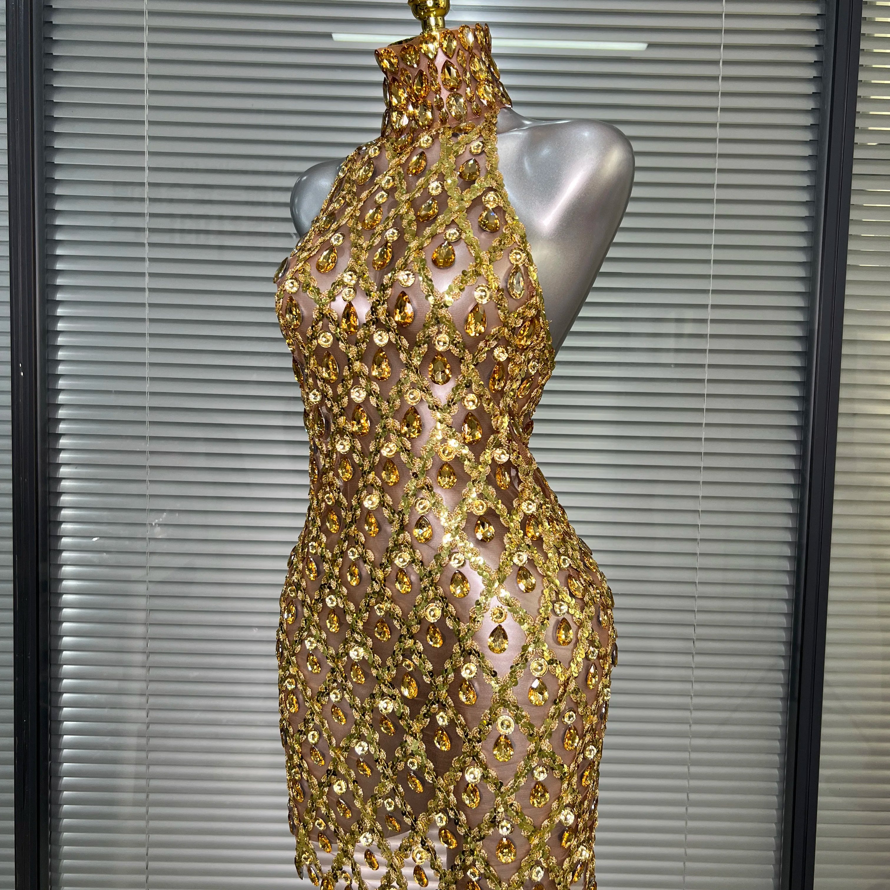 Women Sexy See Through Mesh Gold Costume Stage Dancer Singer Night Club Celebrity Mini Party Dress