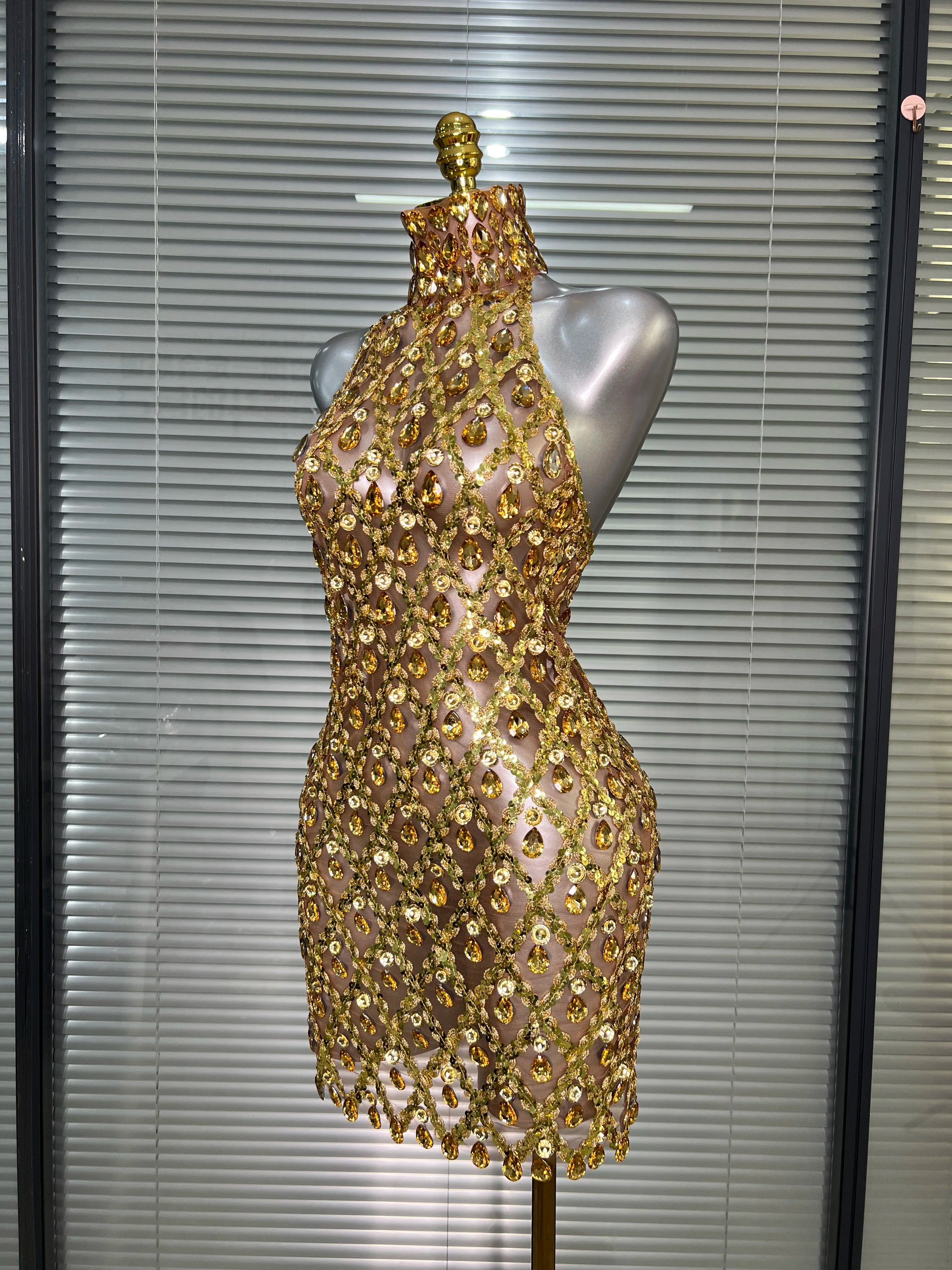 Women Sexy See Through Mesh Gold Costume Stage Dancer Singer Night Club Celebrity Mini Party Dress