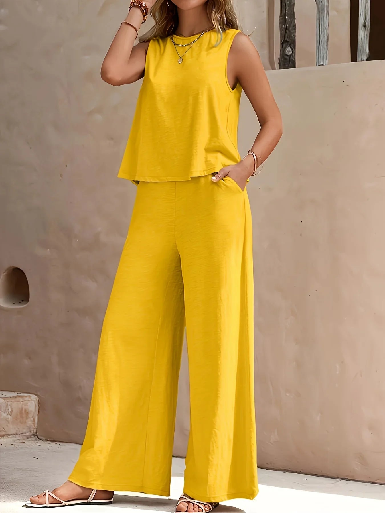 Plus Size 1XL-5XL Women's Fashion Women's Stylish Red Sleeveless Top & Wide-Leg Pants Set Ladies Spring/Summer Casual Wear