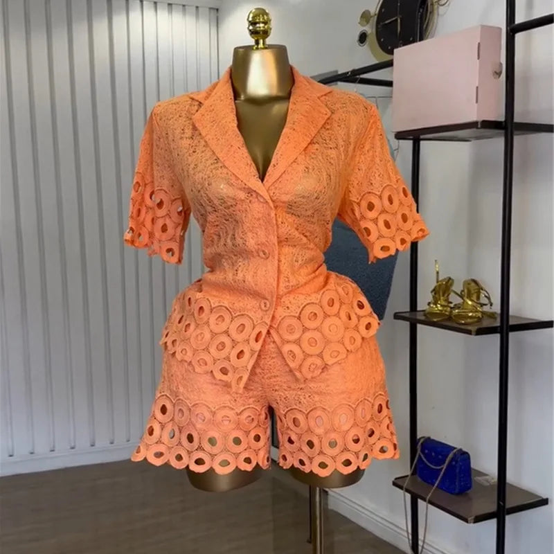 CM.YAYA Lace Embroidery Women's Set half Sleeve Shirt and Shorts Suit 2025 Street Fashion Two 2 Piece Sets Outfit Tracksuits