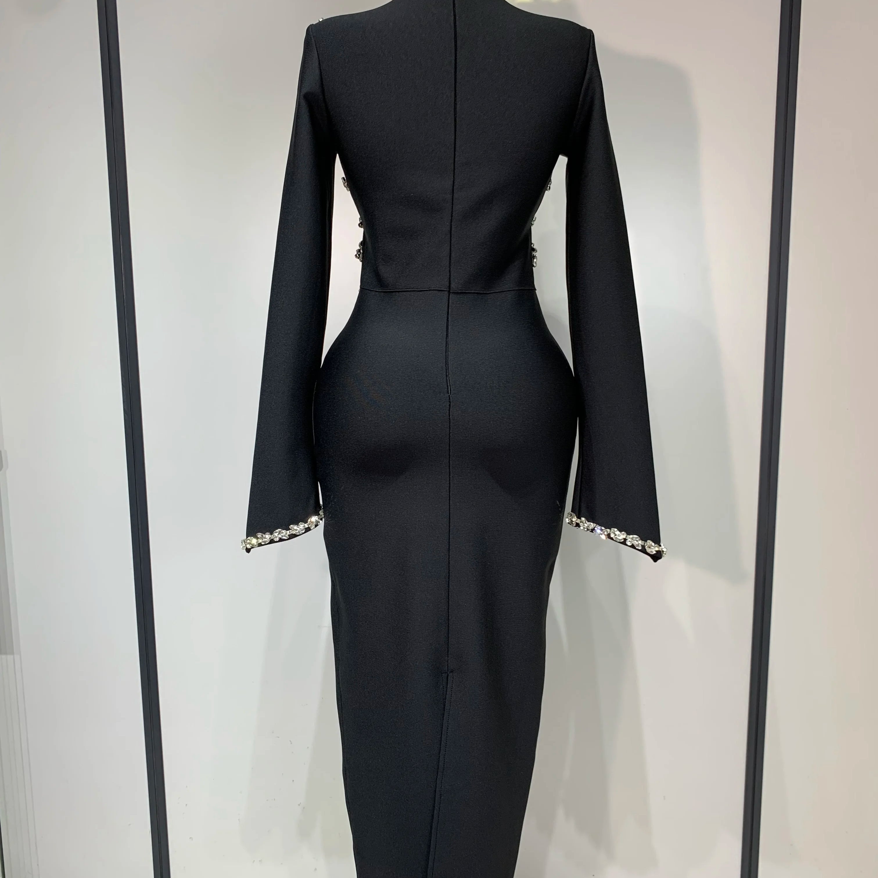 High Quality Women Long Sleeve Shinning Crystal Bodycon Long Bandage Dress Celebirty Elegant Evening Party Luxury Birthday Dress