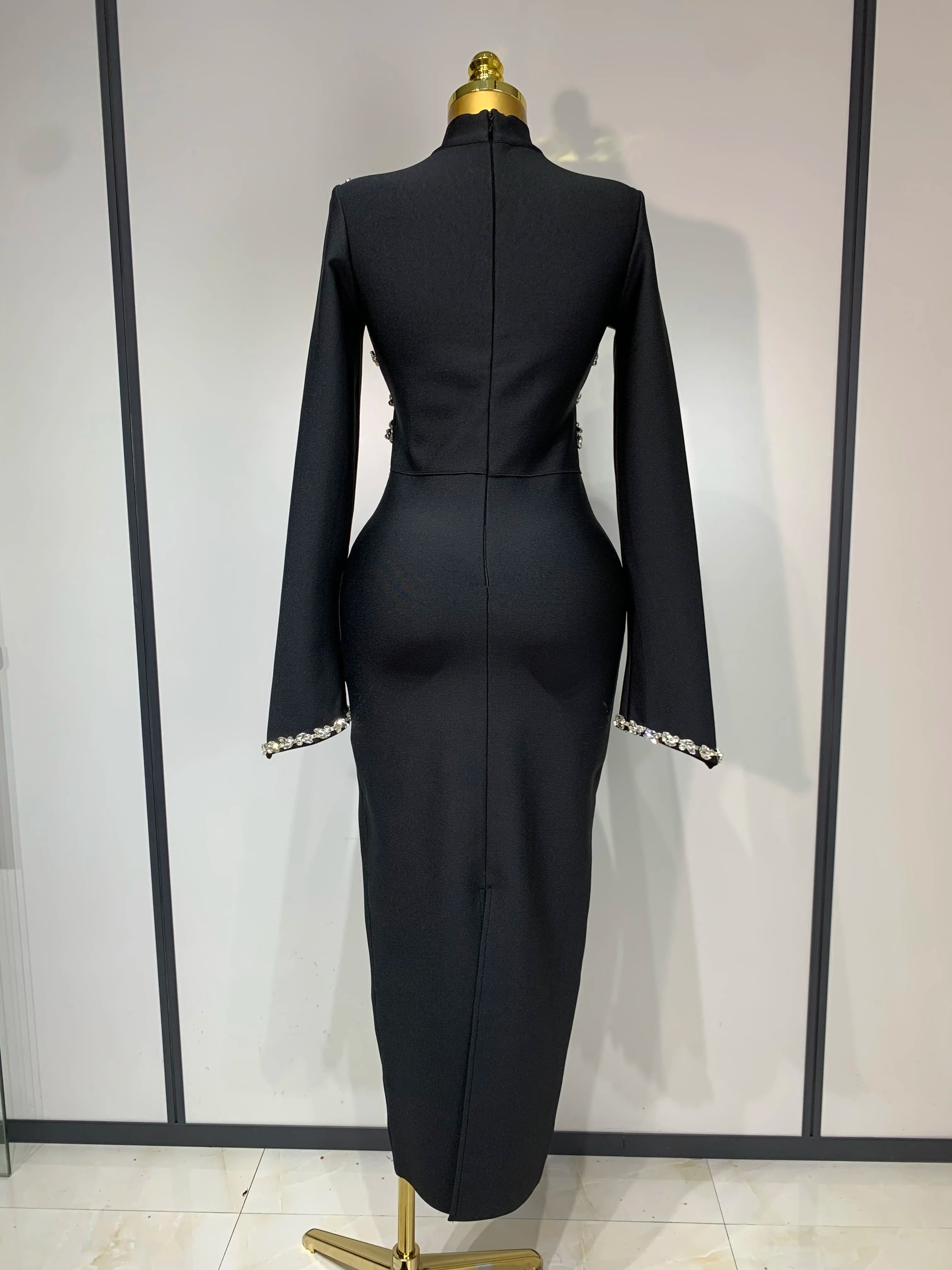 High Quality Women Long Sleeve Shinning Crystal Bodycon Long Bandage Dress Celebirty Elegant Evening Party Luxury Birthday Dress