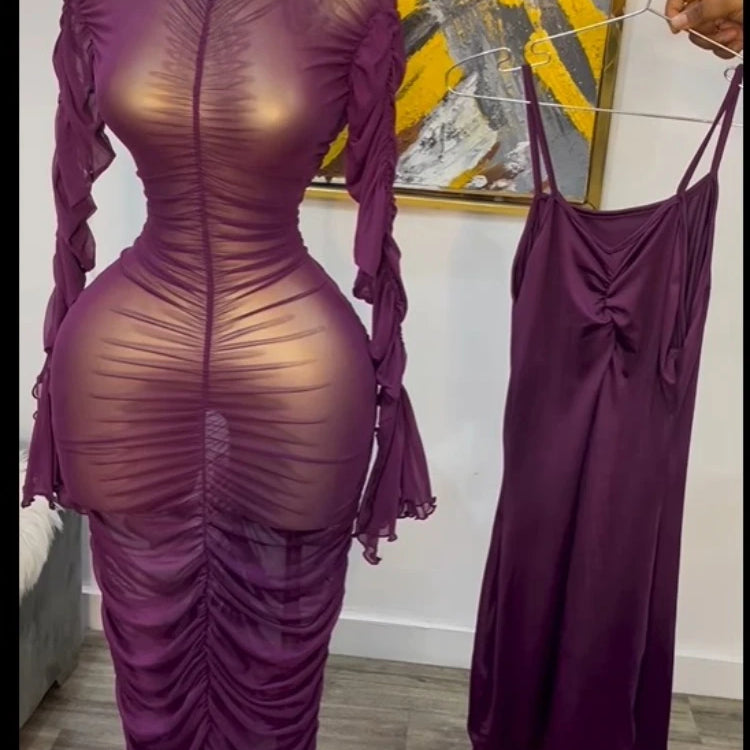 CM.YAYA Women Flare Long Sleeve Stacked Ruched Mesh See Though with Tank Dress Maxi Long Dress 2025 Birthday Sexy Party Dresses
