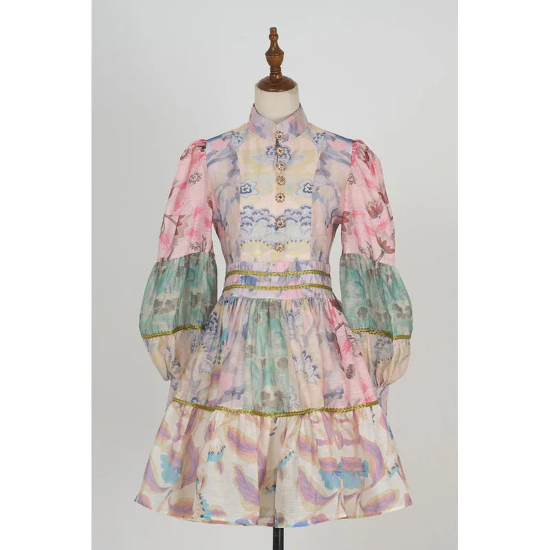 Fall Shot Spot Customized Product Vintage Court Style Small Stand Collar Bubble Sleeve Waist-Tight Dress