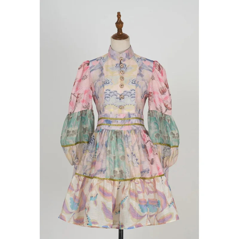 Fall Shot Spot Customized Product Vintage Court Style Small Stand Collar Bubble Sleeve Waist-Tight Dress