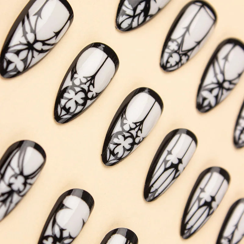 24 peças de unhas postiças góticas amêndoas longas unhas postiças brancas brilhantes reutilizáveis com abas de gelatina para Halloween para meninas