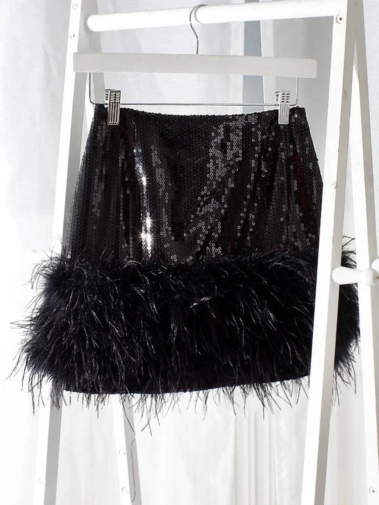 DEAT Spliced Feather Skirt Women Elastic Waist Slim Short Style Sexy Solid Color New Fashion Versatile Female 33A034 black