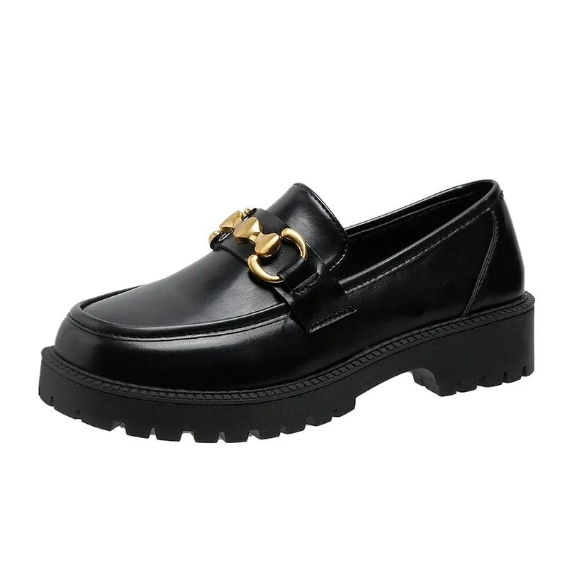Women Loafers 2024 Spring Metal Button Black Platform Women's Shoes Fashion JK Lolita Soft Soled Student Office Leather Shoes black