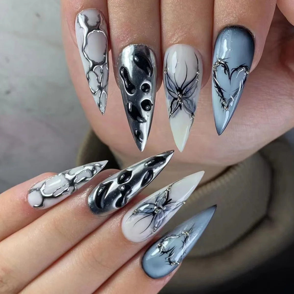 24pcs Long Stiletto Press on Nails Gradient Blue Full Cover Wearable Almond False Nails with Bow Rippled Design Fake Nail Sets