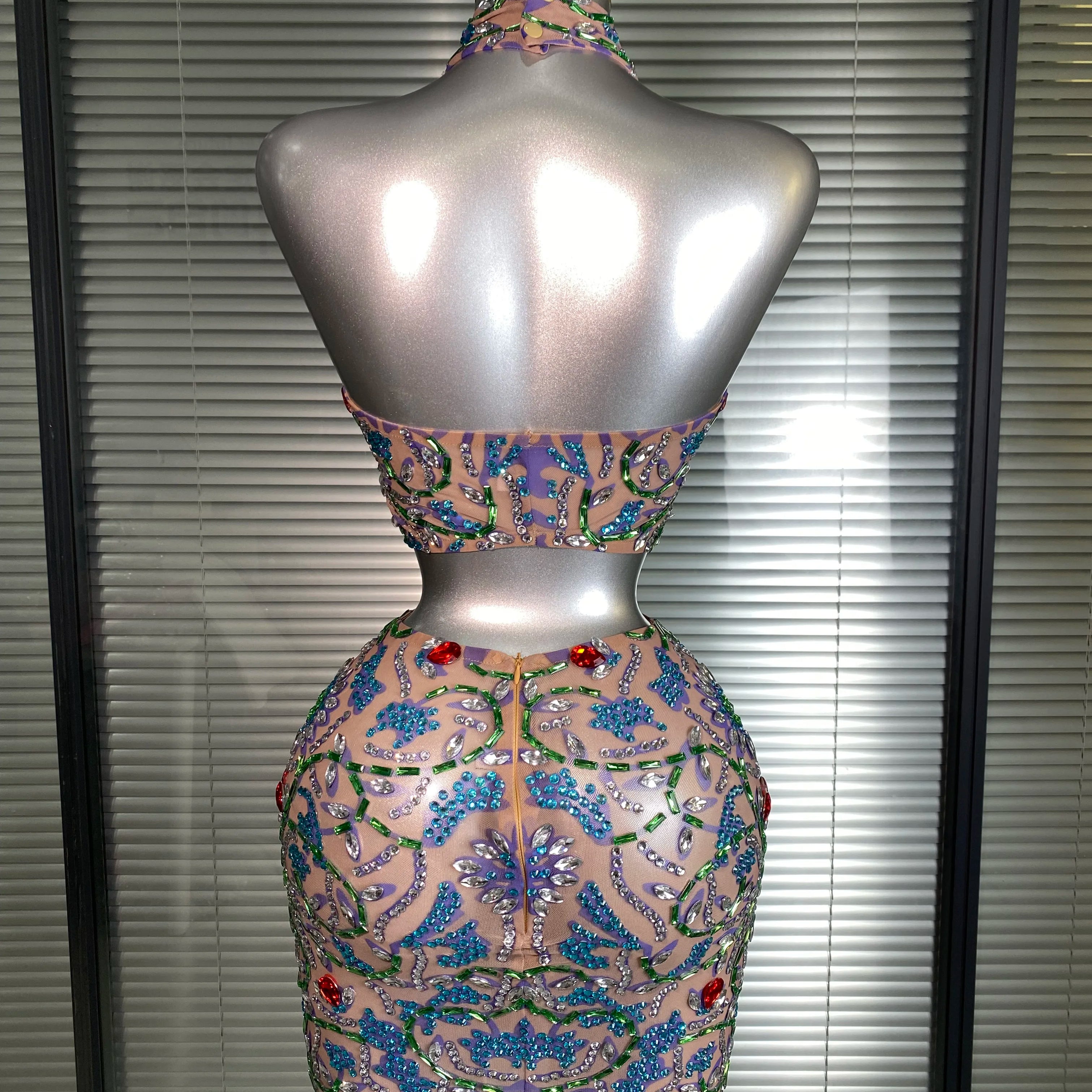 New Women Sexy Two Pieces Set Crystal Diamond Halter Skirt Suits Singer Dancer See Through Stage Performance Costume