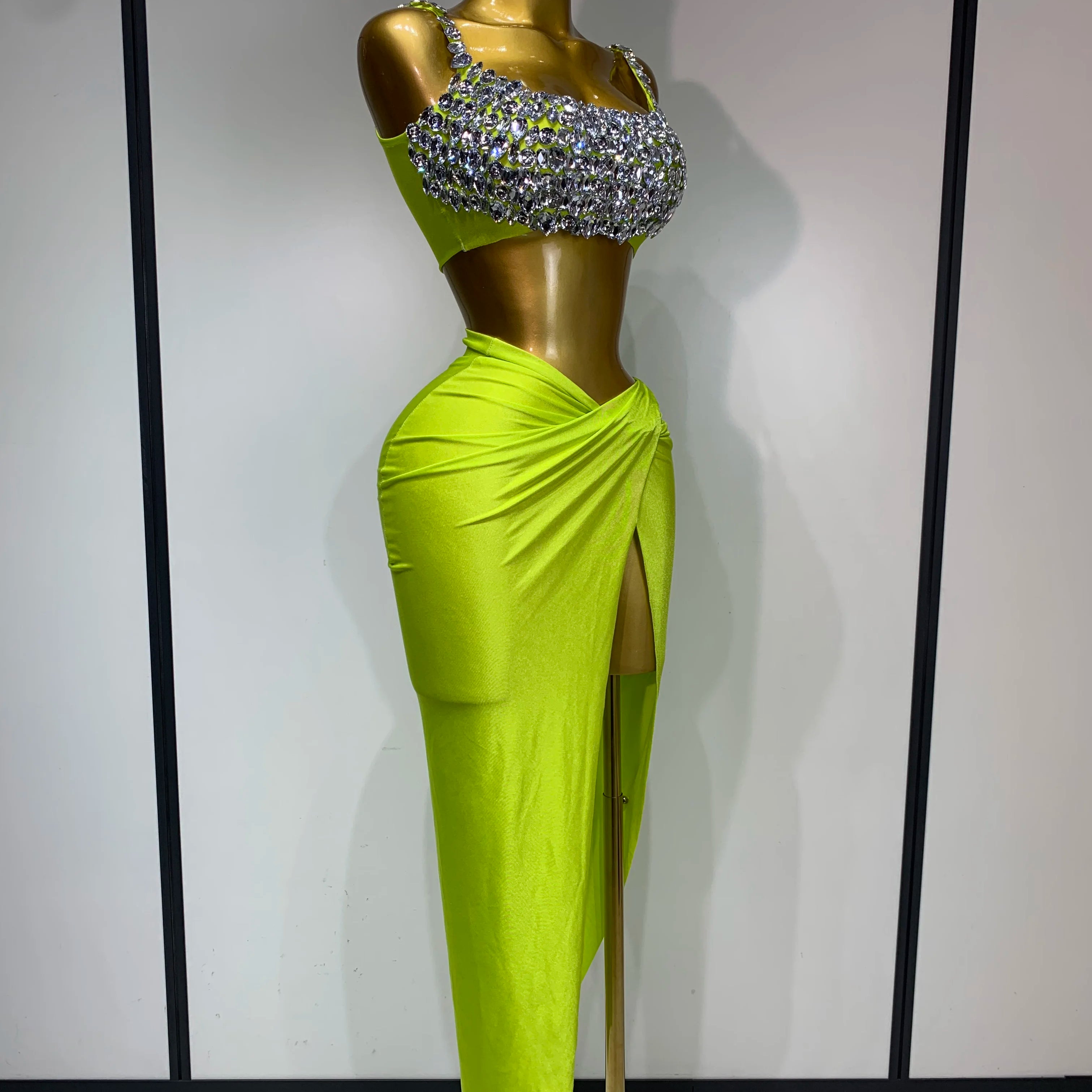 Women Sexy Sparkly Rhinestone Two Pieces Set Stretched Nightclub Skirt Suits Birthday Singer Dancer Stage Performance Costume