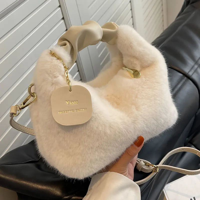 Women Faux Fur Handbags Zipper Small Lady Shoulder Crossbody Bag Casual Tote Half-Moon Hobos Winder