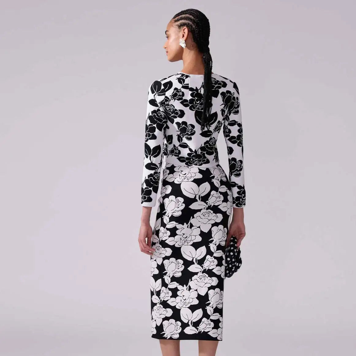 Vestido feminino de celebridades para tapete vermelho, lançamento de 2025, manga longa, tecido jacquard, flores, 2 peças, conjunto de bandagem colado ao corpo, feminino