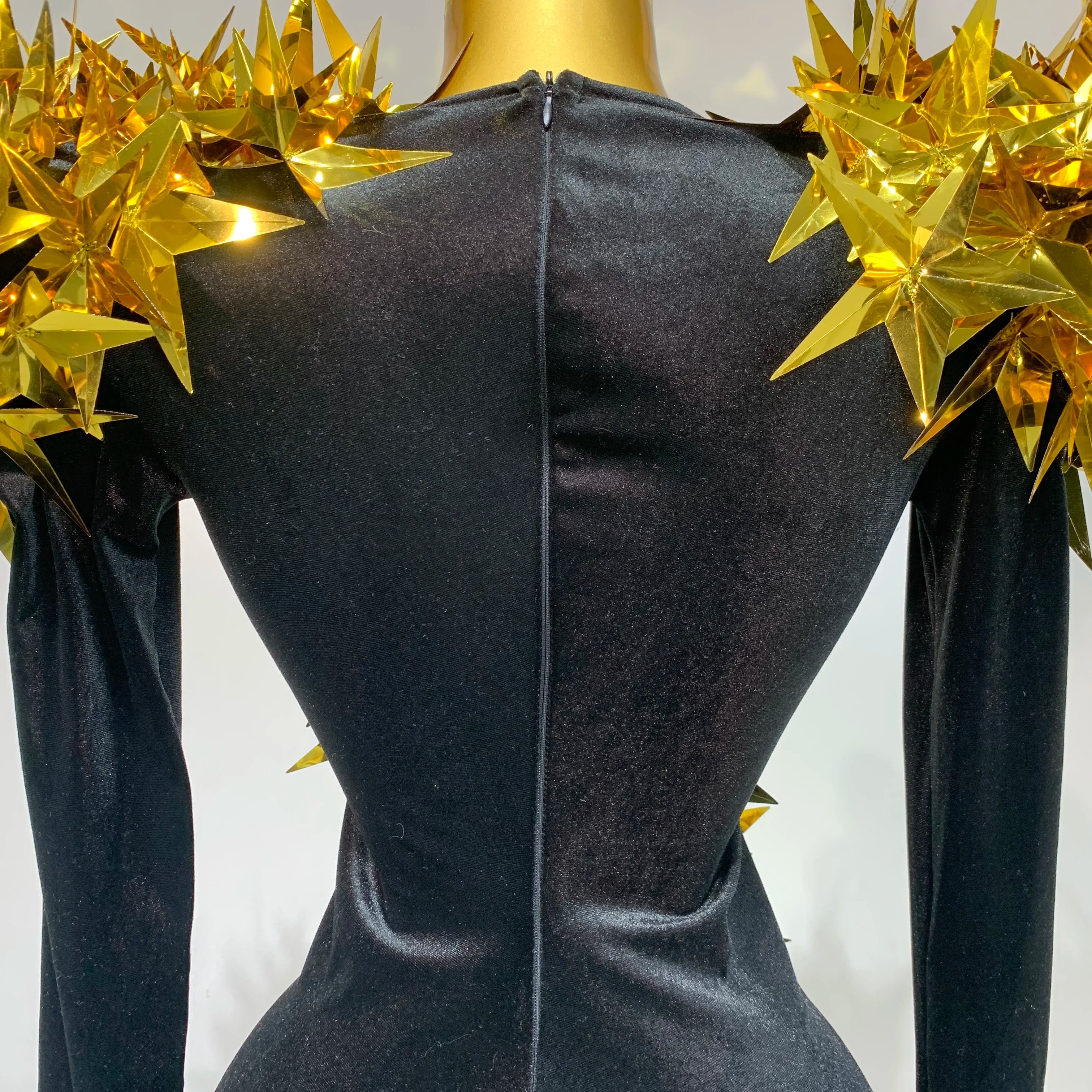 Women Sparkly Gold Rhinestone Black Velvet Long Sleeve Bodysuit Evening Party Club Gala Hosts Night Club Bar Stage Costumes